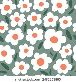 Seamless with white daisy chamomile  vector illustration. Cute hand drawn floral pattern.	

