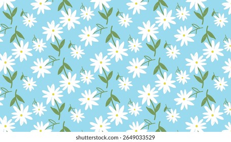 Nahtloses weißes Daisy-Blumenmuster auf blauem Hintergrund für Frühlingsdesigns.