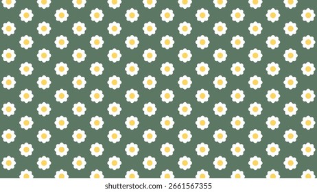 Seamless white daisy flower pattern on green background. Cute floral vector design perfect for fabric, wrapping paper, wallpaper, spring, summer, kids, or vintage-themed projects and decorations