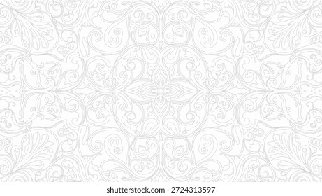 Seamless white damask pattern with intricate floral swirls and decorative elements. Elegant vintage ornamental texture for backgrounds and design.
