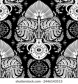 Patrón Damasco blanco inconsútil sobre un fondo negro. Fondo monocromo de repetición abstracta floral.