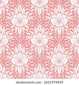 Seamless white Damask pattern on a pink background. Floral abstract repeat monochrome background.
