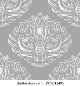 Seamless white damask Wallpaper on grey background.