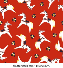 Seamless white Dolenska horse pattern in harness on red background. Based on the Northern folk crafts. Vector. Used for packaging, printing prints, fabrics.
