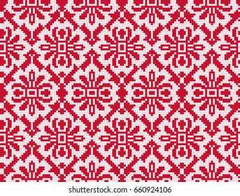 Seamless white embroidered pattern with red background