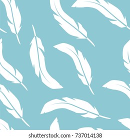 Seamless white feathers pattern on blue background. Vector illustration.