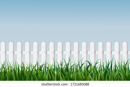 seamless white fence with green grass on blue sky background. Garden fencing. summer backyard. traditional palisade or paling with green lawn banner. vector illustration. spring landscape with hedge