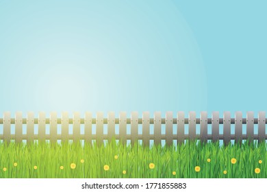 Seamless White Fence With Green Grass On Blue Sky Background. Garden Fencing. Summer Backyard. Traditional Palisade Or Paling With Green Lawn Banner