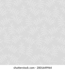 Seamless white floral background with leaves. A branch of a plant for festive decor and design. White pattern, print for textiles, fabrics, linen and clothes for children. Vector illustration