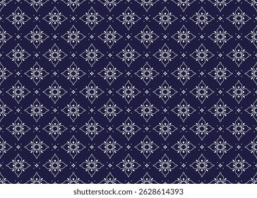 Seamless white floral blooming on dark blue background, ethnic fabric seamless pattern, design for cloth, carpet, batik, wallpaper, wrapping etc.