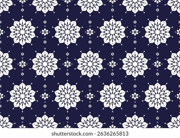 Seamless white floral blooming on dark blue background, ethnic fabric pattern, Portuguese style, design for cloth, carpet, batik, wallpaper, wrapping etc.