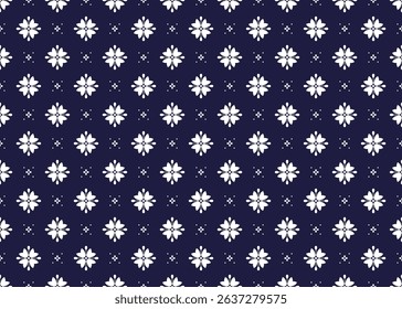 Seamless white floral blooming on dark blue background, ethnic fabric pattern, Portuguese style, design for cloth, carpet, batik, wallpaper, wrapping etc.
