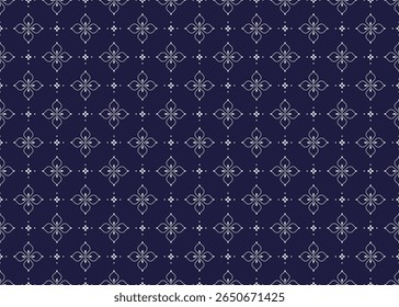 Seamless white floral blooming on dark blue background, ethnic fabric pattern, Portuguese style, design for cloth, carpet, batik, wallpaper, wrapping etc.