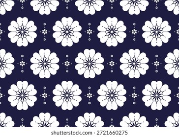 Padrão floral branco liso florescendo no fundo azul escuro, design para pano, tapete, batik, papel de parede, embrulhar etc.