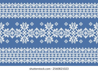 Seamless white floral damask shape with geometric ethnic tradition pattern texture on blue background. Silk pattern decoration for carpet. Thai clothing wrapping and wallpaper