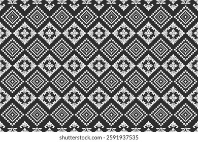Seamless white floral damask shape with geometric ethnic tradition pattern texture on black background