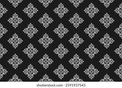 Seamless white floral damask shape with geometric ethnic tradition pattern texture on black background