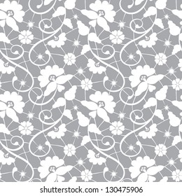 Seamless white floral lace pattern on gray background