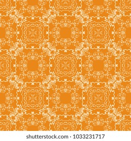 Seamless white floral ornament on a yellow background. Wallpaper pattern