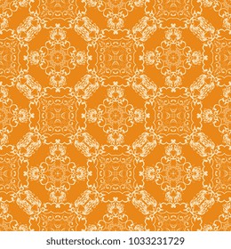 Seamless white floral ornament on a yellow background. Wallpaper pattern