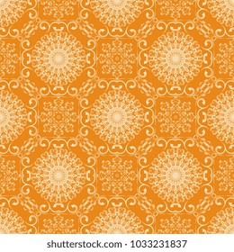 Seamless white floral ornament on a yellow background. Wallpaper pattern