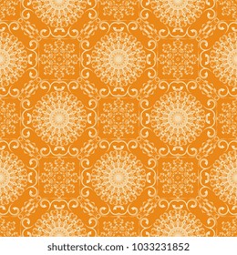 Seamless white floral ornament on a yellow background. Wallpaper pattern
