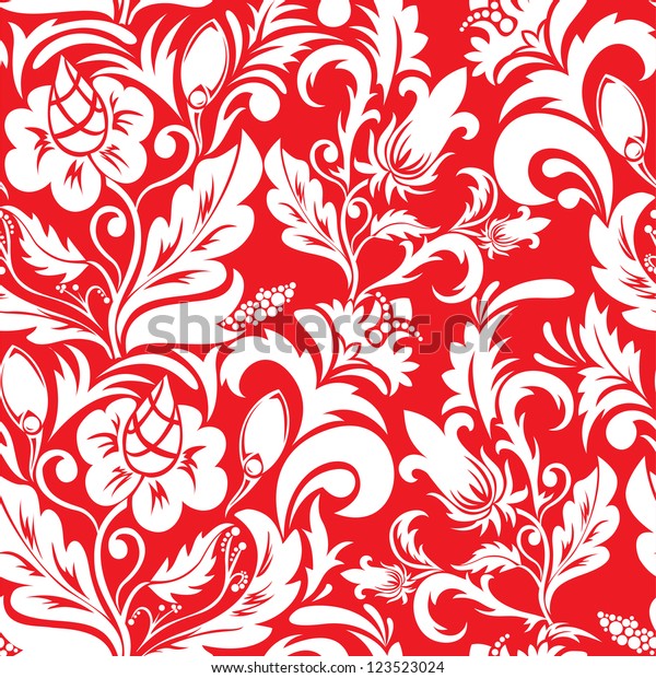 Seamless white floral ornament on a red background