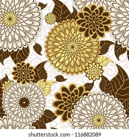 Seamless white floral pattern with gold and brown flowers (vector)