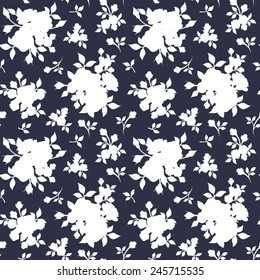 Seamless white floral pattern on dark blue. Vector illustration.