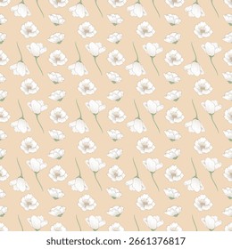 Nahtloses weißes Blumenmuster auf weichbeigem Hintergrund. Zarte handgezeichnete Stil Vektor ideal für Stoffdrucke, Verpackungen, Tapeten und elegante feminine Branding.