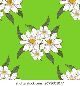 Seamless white floral pattern on a bright green background, perfect for fabric, wallpaper, wrapping paper, and digital designs.