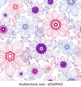 Seamless white floral pattern with red, violet and blue flowers (vector)