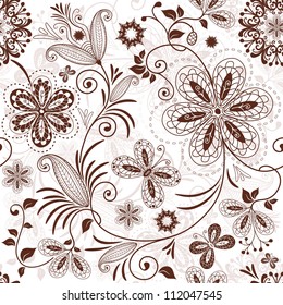 Seamless white floral pattern with vintage brown flowers butterflies (vector)