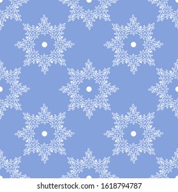 Seamless white floral snowflakes pattern with dots on powder blue. Vector geometrical  repeating background of white branches in the shape of snowflakes for wallpaper, wrapping, cover, fashion design
