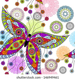Seamless white floral spring pattern with vivid butterflies(vector eps 10)