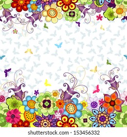 Seamless white floral spring pattern with vivid flowers and butterflies (vector)