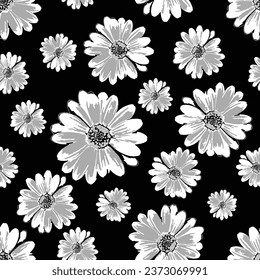 Seamless white flower pattern. Big blossom sunflowers pattern on black background.Seamless pattern with abstract black and white color sunflower pattern.