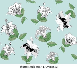 seamless white flower pattern on green background