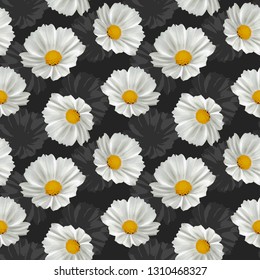 Seamless white flowers black vector pattern