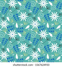 Seamless white flowers and blue leaves pattern on turquoise background