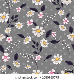 Seamless white flowers, grey background.