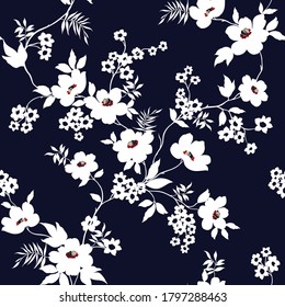 seamless white flowers with leaves pattern on navy background