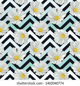 Seamless white flowers on mint gradient zigzag pattern. vector illustration