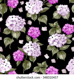 Seamless white flowers pattern for fabric design. Seamless pattern over black background. Flower pattern of violet hydrangea flowers over black background. Seamless texture. Vector illustration.