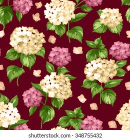 Seamless white flowers pattern for fabric design. Seamless pattern over black background. Flower pattern of red hydrangea flowers over black background. Seamless texture. Vector illustration.
