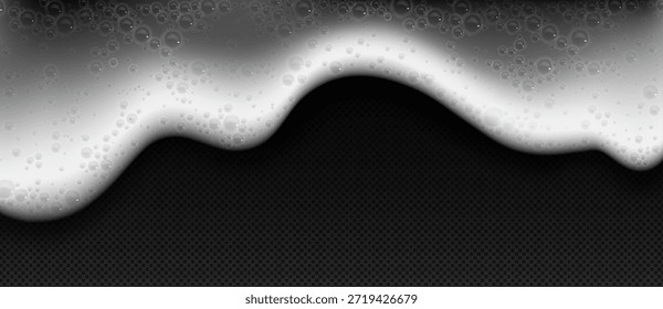 Borda de espuma branca sem costura com bolhas isoladas no fundo transparente. Ilustração realista vetorial de textura de sabão branco ou xampu de couro, limpeza de detergente splash, espuma de água do mar vista superior
