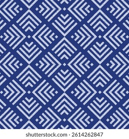 Seamless white geometric diamond pattern with textured lines on a vibrant blue background.