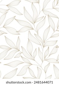 Seamless white and gold floral background with leaves. Hand drawn minimal abstract organic shapes pattern. Delicate vector white abstact pattern with gold leaves.