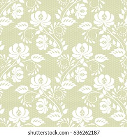 Seamless white and green lace background with floral pattern