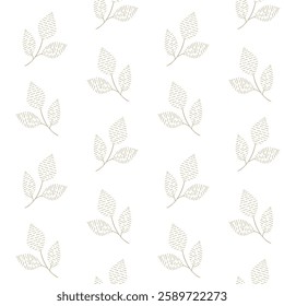 Seamless white and grey floral background with leaves. Hand drawn minimal abstract organic shapes pattern. Delicate vector white abstact pattern with grey leaves.